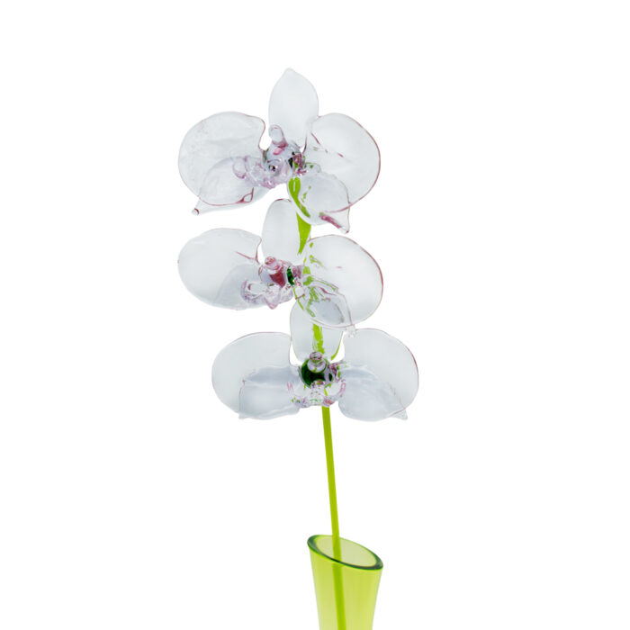 орхидея сиреневая из стекла в зеленой вазе, цветок фрагмент композиции