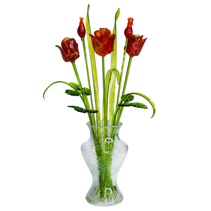 декоративная композиция красные розы из стекла в вазочке