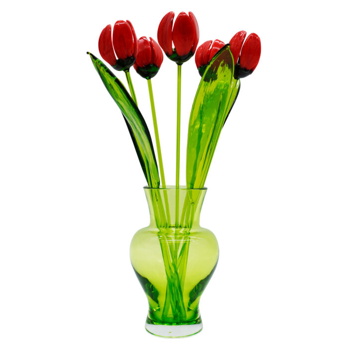 Красные тюльпаны из стекла в вазочке 5 цветков