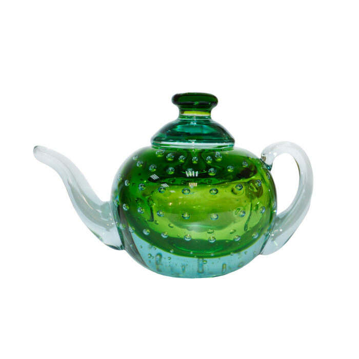 декоративная статуэтка чайник из стекла зеленый с пузырями