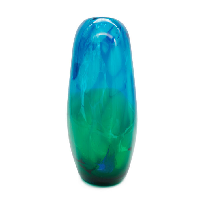 овальная плоская ваза сине-зеленая высота 22 см, вид сбоку