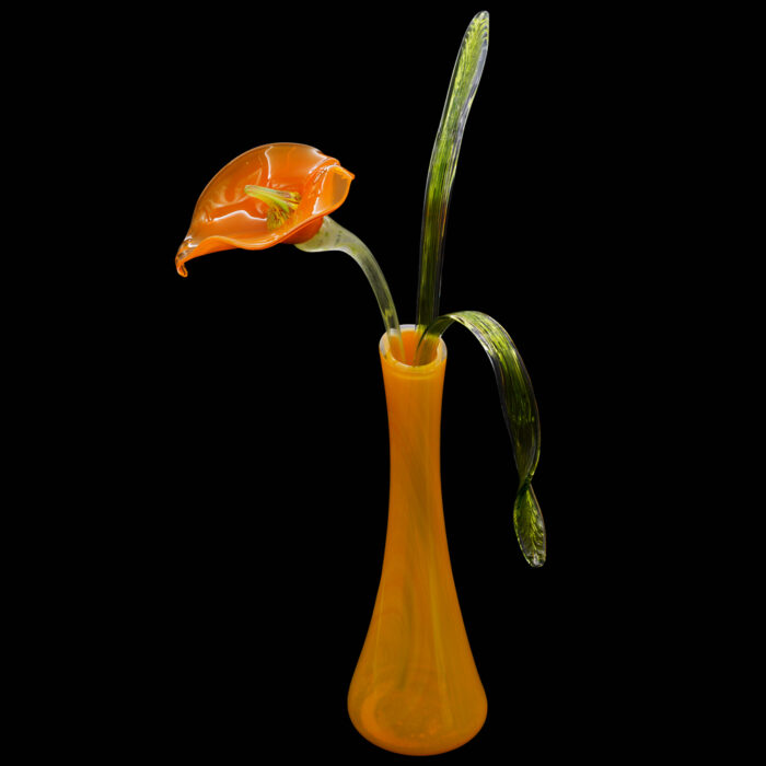 Декоративная композиция оранжевая калла из стекла в оранжевом вазоне